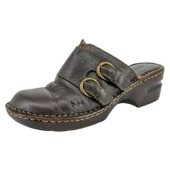 BOC Wedge Comfort Clogs 7 Dark Brown Leather Double Bronze Side Buckle Slip On - Picture 14 of 14